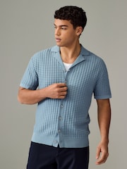 Blue Regular Fit 100% Cotton Short Sleeve Cuban Collar Textured Knit Shirt - Image 4 of 7