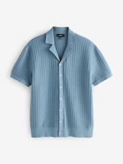 Blue Regular Fit 100% Cotton Short Sleeve Cuban Collar Textured Knit Shirt - Image 5 of 7