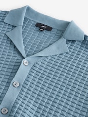 Blue Regular Fit 100% Cotton Short Sleeve Cuban Collar Textured Knit Shirt - Image 6 of 7