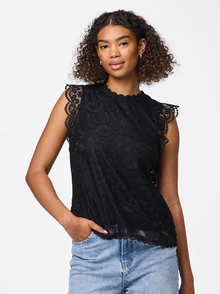 PIECES Black Lace Detail Top - Image 1 of 7