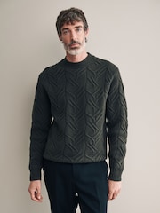 Green Regular Fit 100% Italian Merino Signature Cable Crew Jumper - Image 1 of 7