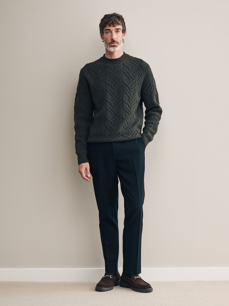Green Regular Fit 100% Italian Merino Signature Cable Crew Jumper - Image 2 of 7