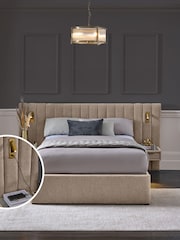 Relaxed Chenille Light Natural Mayfair Upholstered Hotel Bed Frame with Ottoman Storage Bedside Tables and Lights - Image 1 of 11