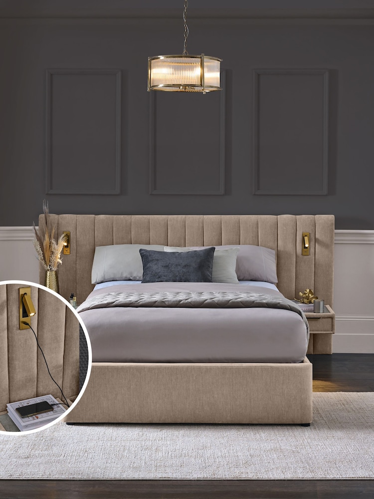 Relaxed Chenille Light Natural Mayfair Upholstered Hotel Bed Frame with Ottoman Storage Bedside Tables and Lights - Image 1 of 11