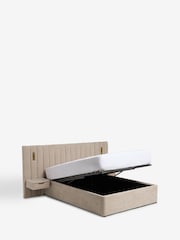 Relaxed Chenille Light Natural Mayfair Upholstered Hotel Bed Frame with Ottoman Storage Bedside Tables and Lights - Image 10 of 11