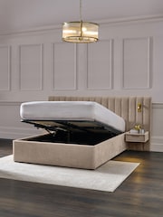 Relaxed Chenille Light Natural Mayfair Upholstered Hotel Bed Frame with Ottoman Storage Bedside Tables and Lights - Image 2 of 11