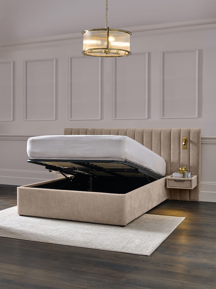 Relaxed Chenille Light Natural Mayfair Upholstered Hotel Bed Frame with Ottoman Storage Bedside Tables and Lights - Image 2 of 11
