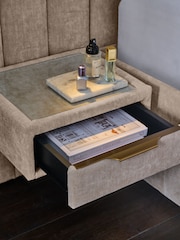 Relaxed Chenille Light Natural Mayfair Upholstered Hotel Bed Frame with Ottoman Storage Bedside Tables and Lights - Image 3 of 11
