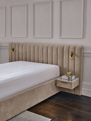 Relaxed Chenille Light Natural Mayfair Upholstered Hotel Bed Frame with Ottoman Storage Bedside Tables and Lights - Image 6 of 11