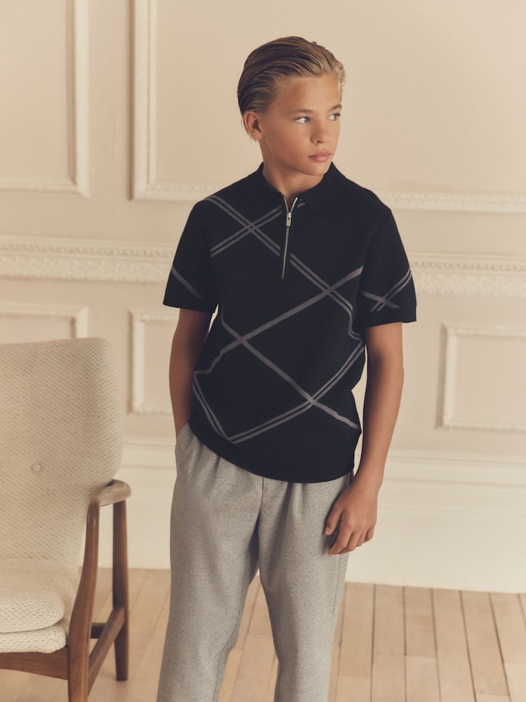 Black Argyle 100% Cotton Knitted Zip Neck Polo Shirt (3-16yrs) - Image 1 of 5