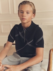 Black Argyle 100% Cotton Knitted Zip Neck Polo Shirt (3-16yrs) - Image 3 of 5