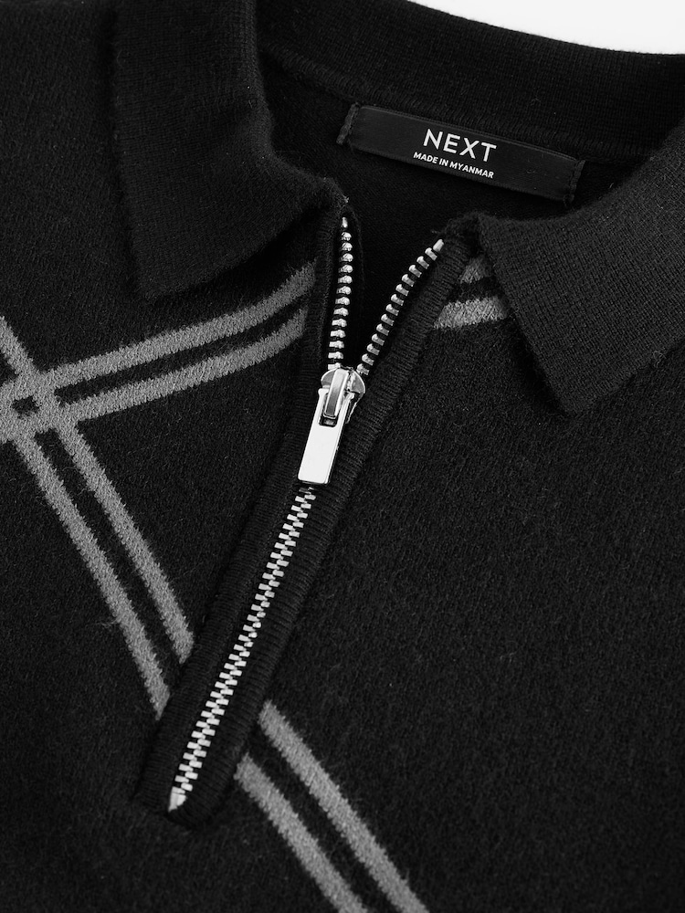 Black Argyle 100% Cotton Knitted Zip Neck Polo Shirt (3-16yrs) - Image 7 of 7