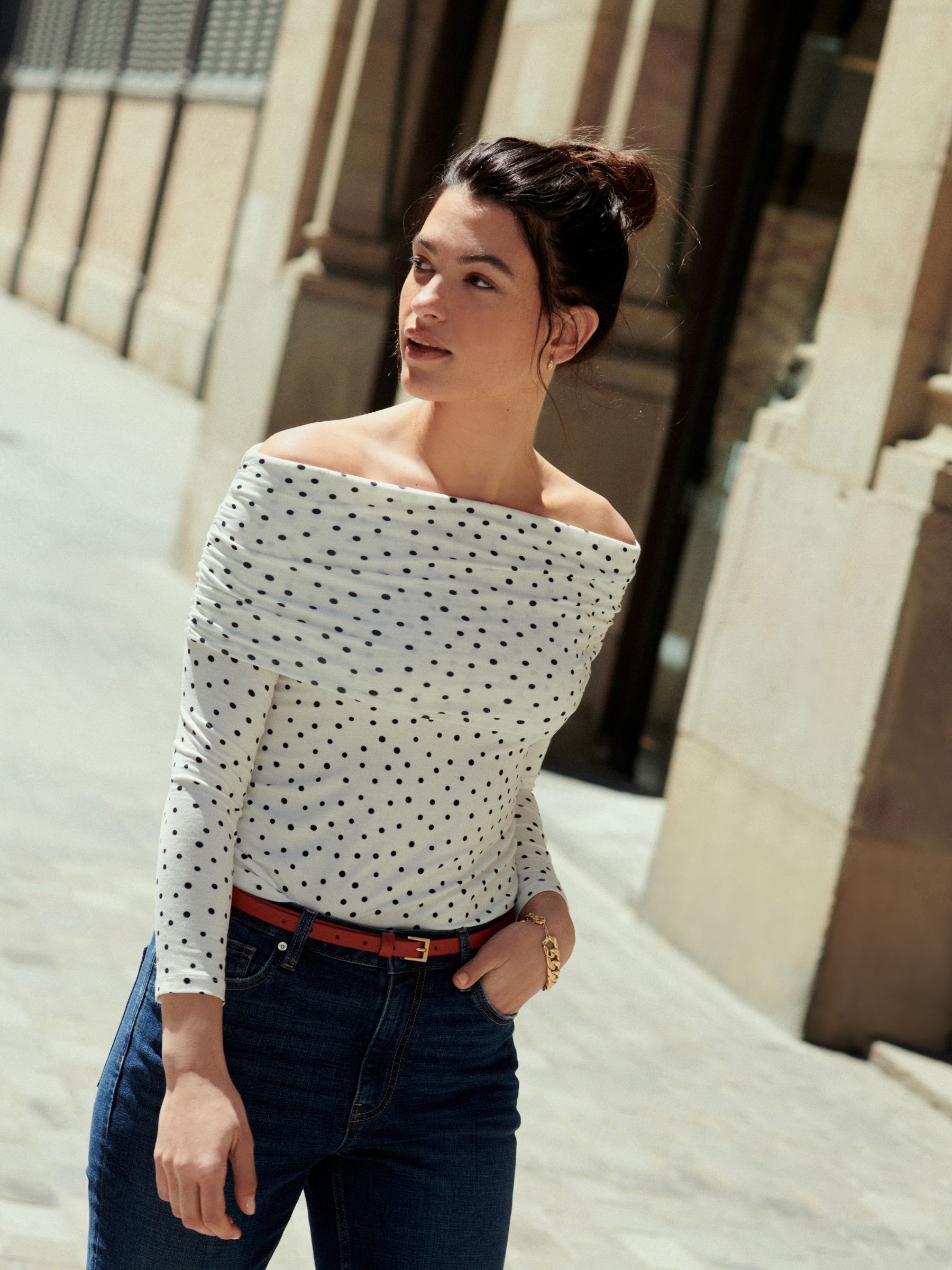 Buy White Black Polka Dot Print Bardot Off The Shoulder Long Sleeved Top from Next Canada