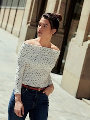 White/Black Polka Dot Print Bardot Off The Shoulder Long Sleeved Top - Image 1 of 6