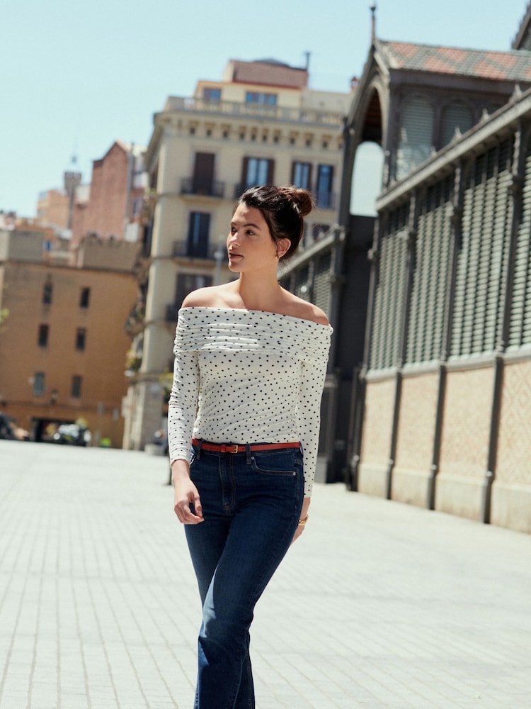 White/Black Polka Dot Print Bardot Off The Shoulder Long Sleeved Top - Image 2 of 6 White/Black Polka Dot Print Bardot Off The Shoulder Long Sleeved Top - Image 2 of 6