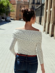 White/Black Polka Dot Print Bardot Off The Shoulder Long Sleeved Top - Image 3 of 6