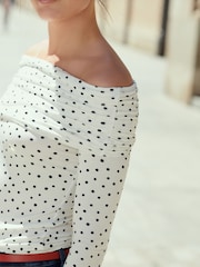 White/Black Polka Dot Print Bardot Off The Shoulder Long Sleeved Top - Image 4 of 6