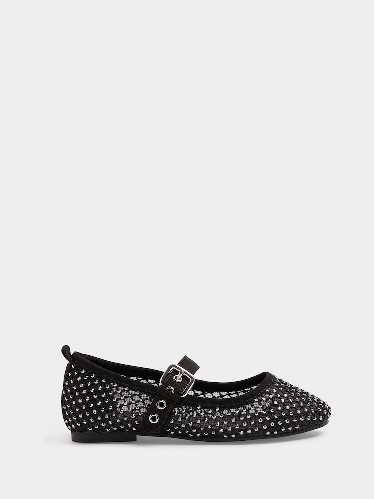 River Island Black Girls Mesh Diamante Ballerinas - Image 1 of 5