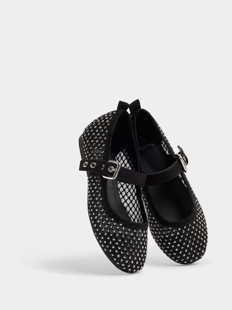 River Island Black Girls Mesh Diamante Ballerinas - Image 2 of 5