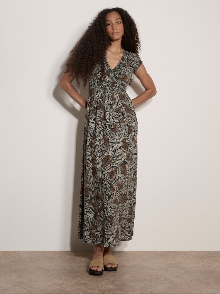 Apricot Green Rustic Leaf Print Smocked Maxi Dress - Image 1 of 4 Apricot Green Rustic Leaf Print Smocked Maxi Dress - Image 1 of 4