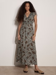 Apricot Green Rustic Leaf Print Smocked Maxi Dress - Image 4 of 4