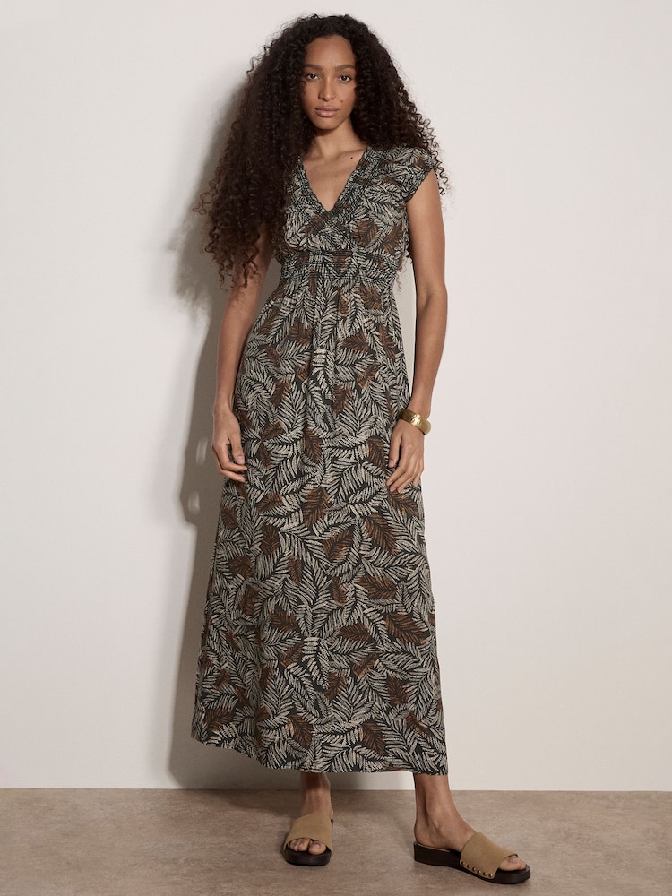 Apricot Green Rustic Leaf Print Smocked Maxi Dress - Image 4 of 4 Apricot Green Rustic Leaf Print Smocked Maxi Dress - Image 4 of 4