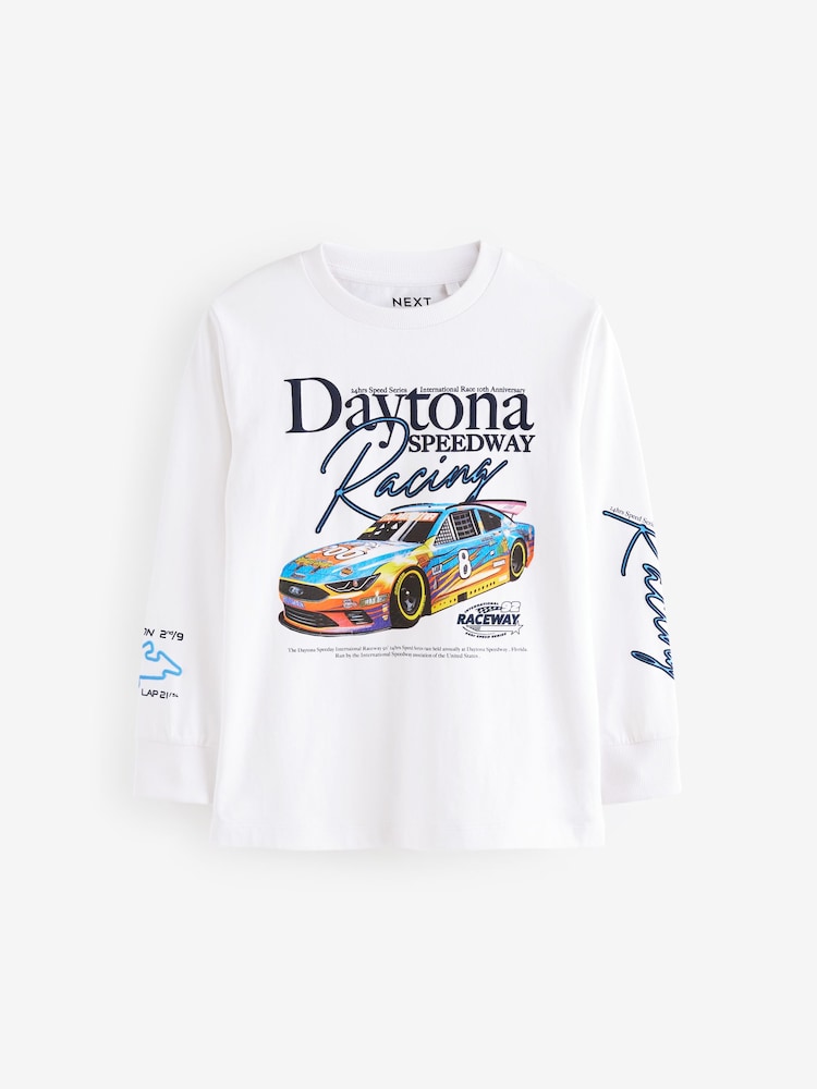 White Racing Car Relaxed Fit Long Sleeve Graphic Print 100% Cotton T-Shirt (3-16yrs) - Image 1 of 5