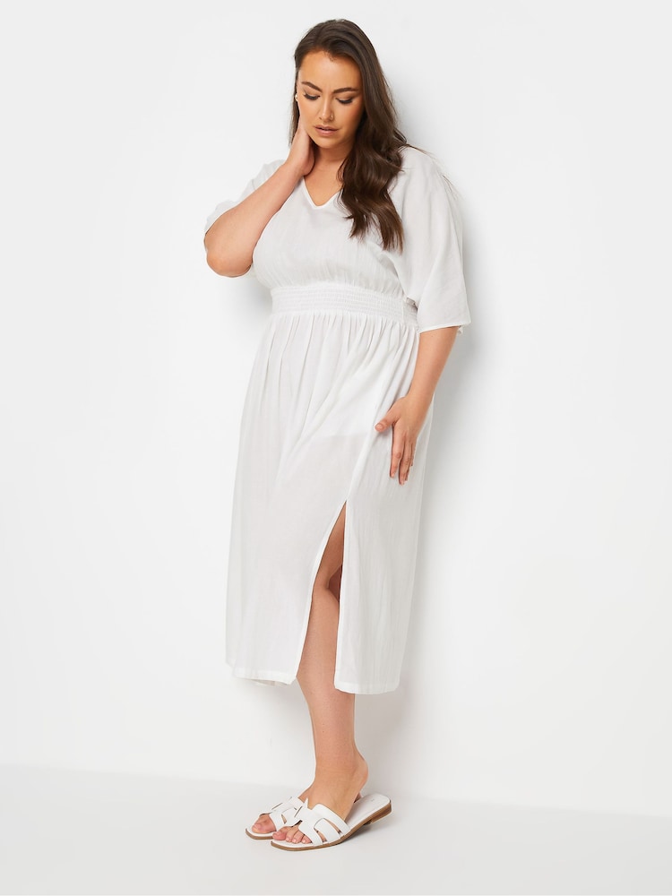 Yours Curve White LIMITED COLLECTION Linen Shirred Midaxi Dress - Image 2 of 5
