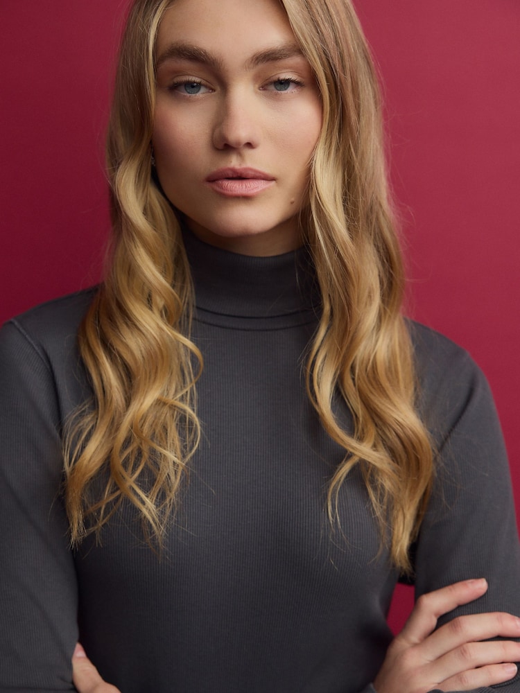 Slate Grey Long Sleeve Ribbed Roll Neck Bodysuit - Image 1 of 4