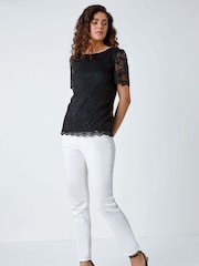 Roman Black Floral Stretch Lace Top - Image 2 of 5