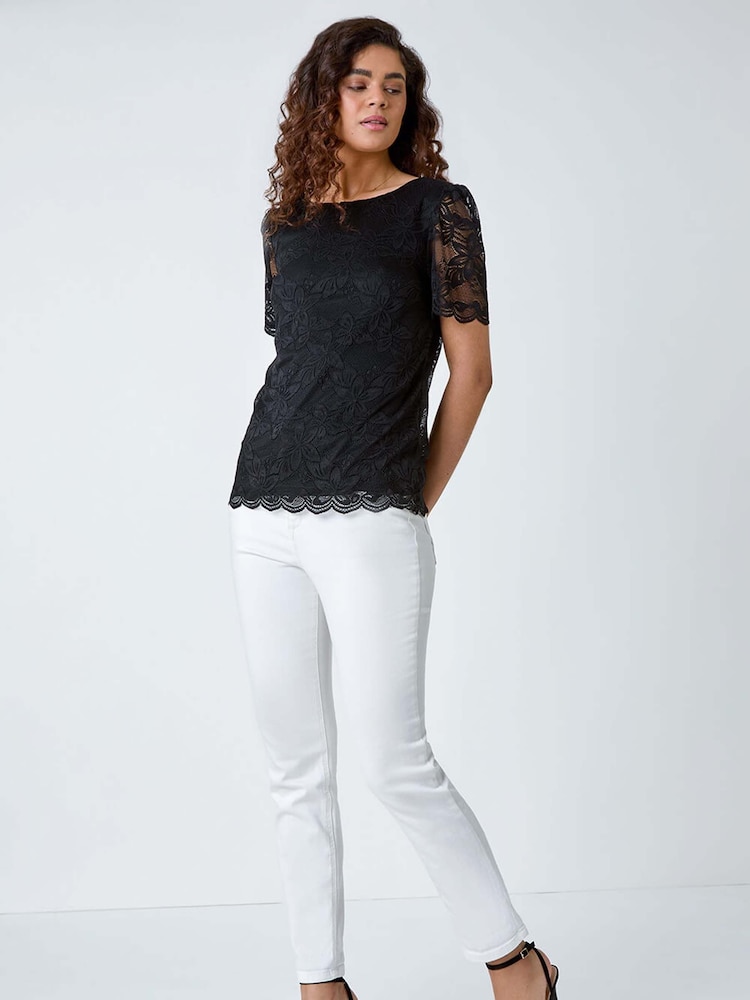 Roman Black Floral Stretch Lace Top - Image 2 of 5