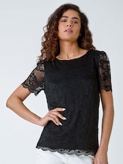 Roman Black Floral Stretch Lace Top - Image 4 of 5
