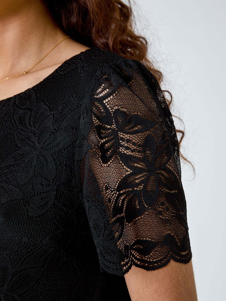 Roman Black Floral Stretch Lace Top - Image 5 of 5