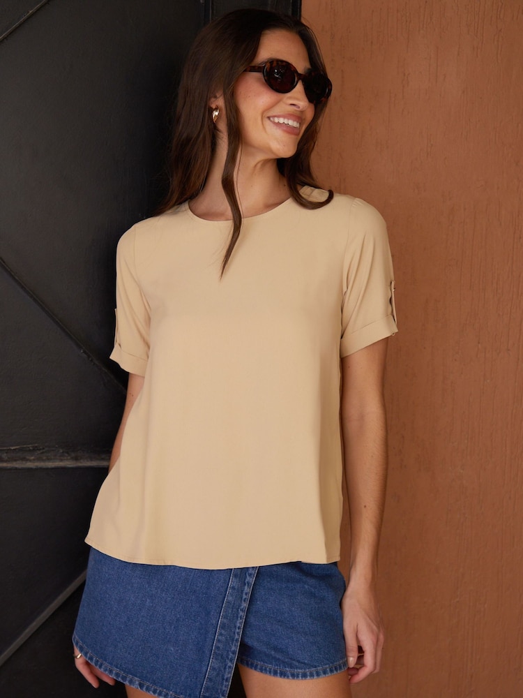 Threadbare Light Brown Print Turn Up Cuff Blouse - Image 1 of 4 Threadbare Light Brown Print Turn Up Cuff Blouse - Image 1 of 4