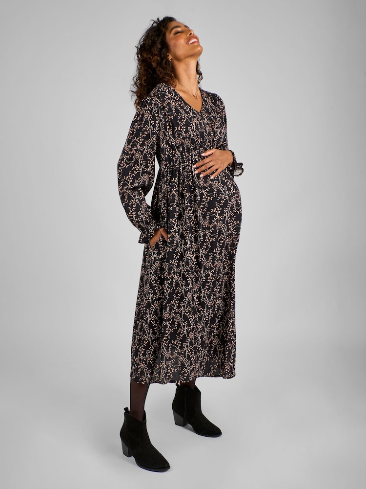 JoJo Maman Bébé Black Floral V-Neck Maternity Midi Dress - Image 1 of 4