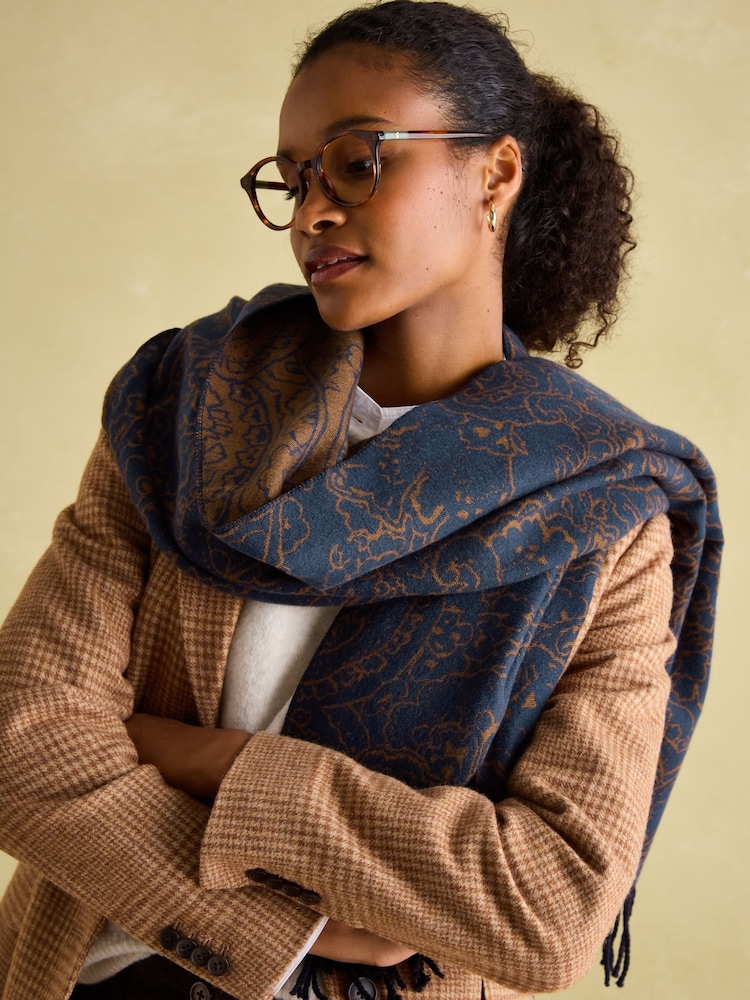 Joules Elissa Navy & Camel Double-Sided Jacquard Scarf - Image 2 of 5 Joules Elissa Navy & Camel Double-Sided Jacquard Scarf - Image 2 of 5