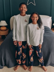 Grey/Navy Blue 100% Cotton Matching Family Kids Christmas Hamish The Highland Cow Pyjamas (3-16yrs) - Image 1 of 6