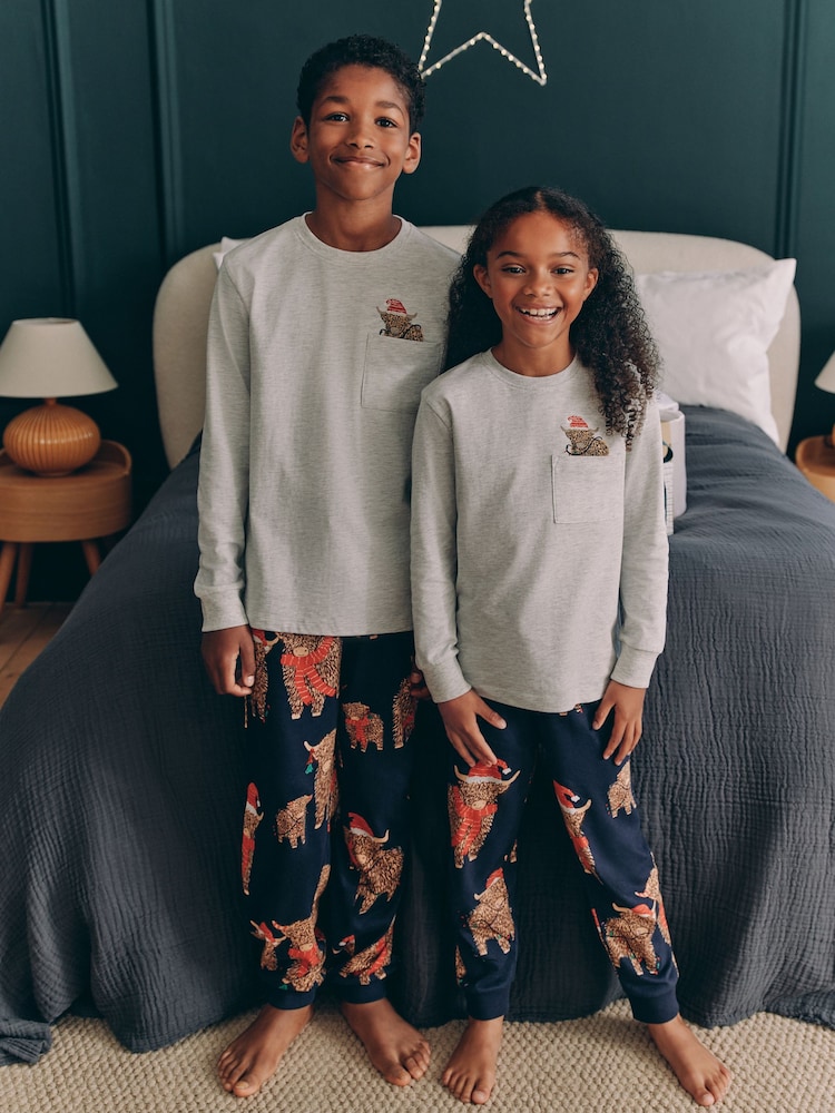 Grey/Navy Blue 100% Cotton Matching Family Kids Christmas Hamish The Highland Cow Pyjamas (3-16yrs) - Image 1 of 6