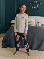 Grey/Navy Blue 100% Cotton Matching Family Kids Christmas Hamish The Highland Cow Pyjamas (3-16yrs) - Image 2 of 6