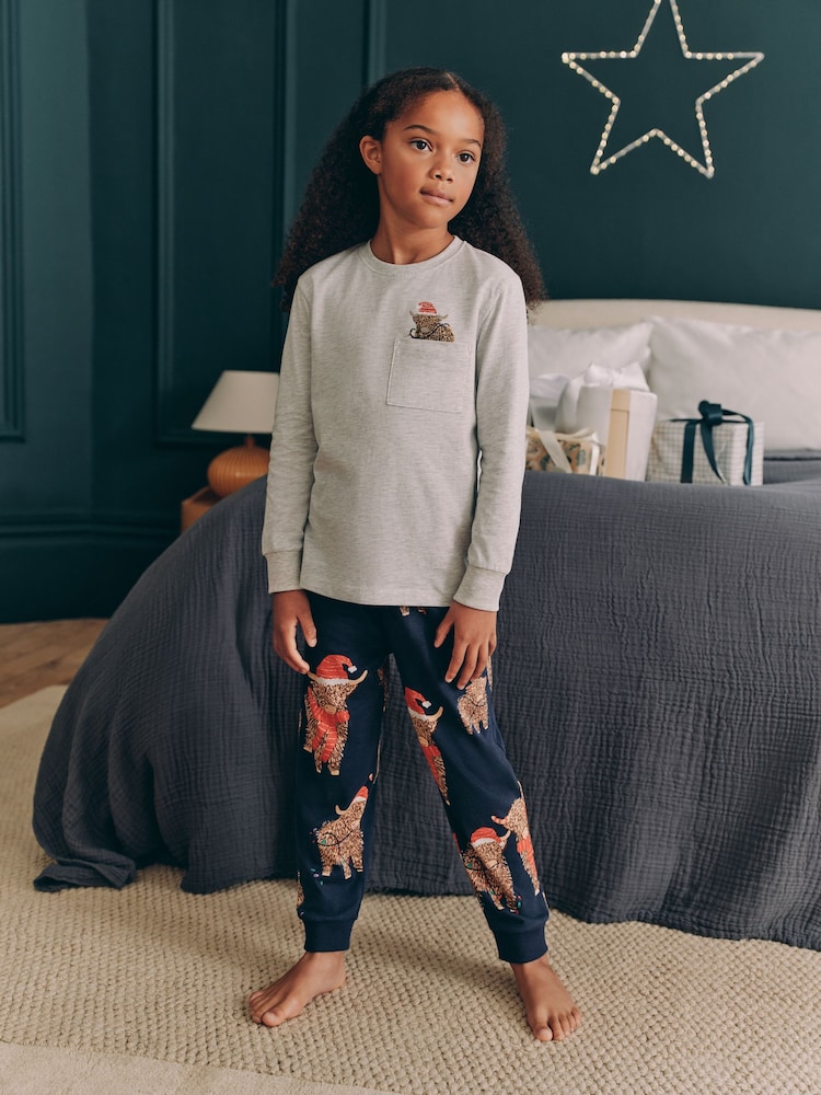 Grey/Navy Blue 100% Cotton Matching Family Kids Christmas Hamish The Highland Cow Pyjamas (3-16yrs) - Image 2 of 6