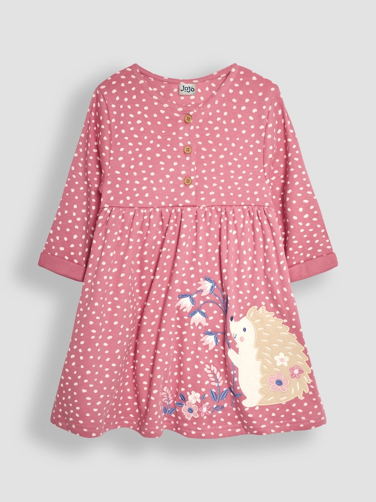 JoJo Maman Bébé Rose Pink Hedgehog Appliqué Button Front Dress - Image 1 of 3