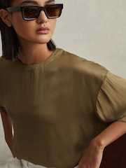 Reiss Khaki Anya Relaxed Satin Blouse - Image 1 of 6