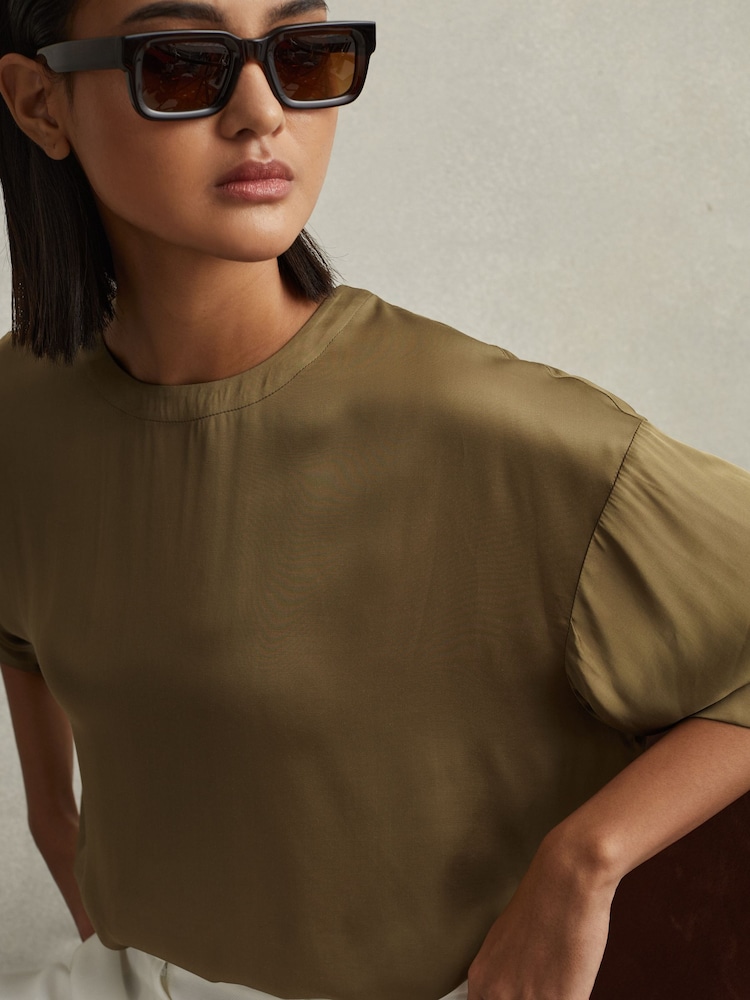 Reiss Khaki Anya Relaxed Satin Blouse - Image 1 of 6