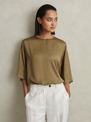 Reiss Khaki Anya Relaxed Satin Blouse - Image 3 of 6