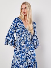Apricot Blue Floral Sarasa Deep V Short Dress - Image 1 of 4