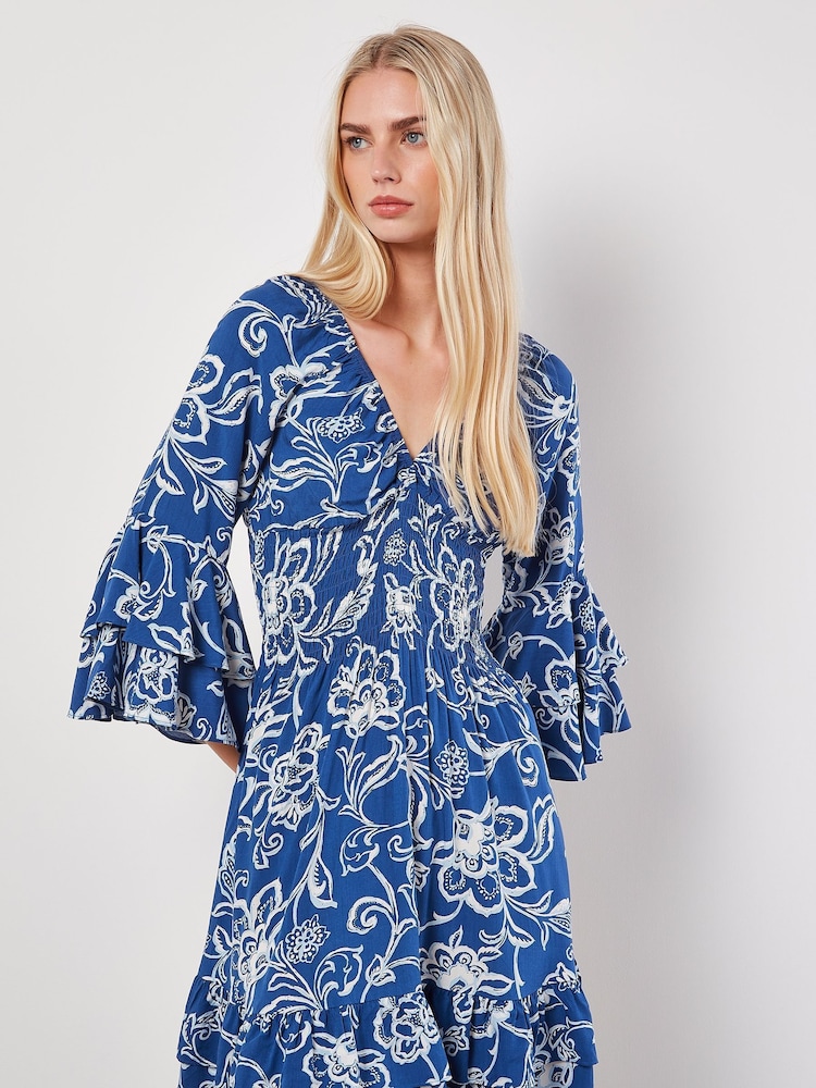 Apricot Blue Floral Sarasa Deep V Short Dress - Image 1 of 4