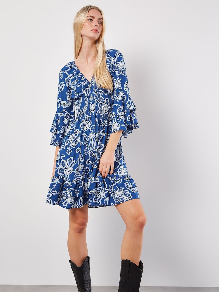 Apricot Blue Floral Sarasa Deep V Short Dress - Image 2 of 4