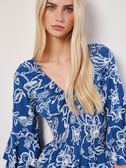 Apricot Blue Floral Sarasa Deep V Short Dress - Image 3 of 4