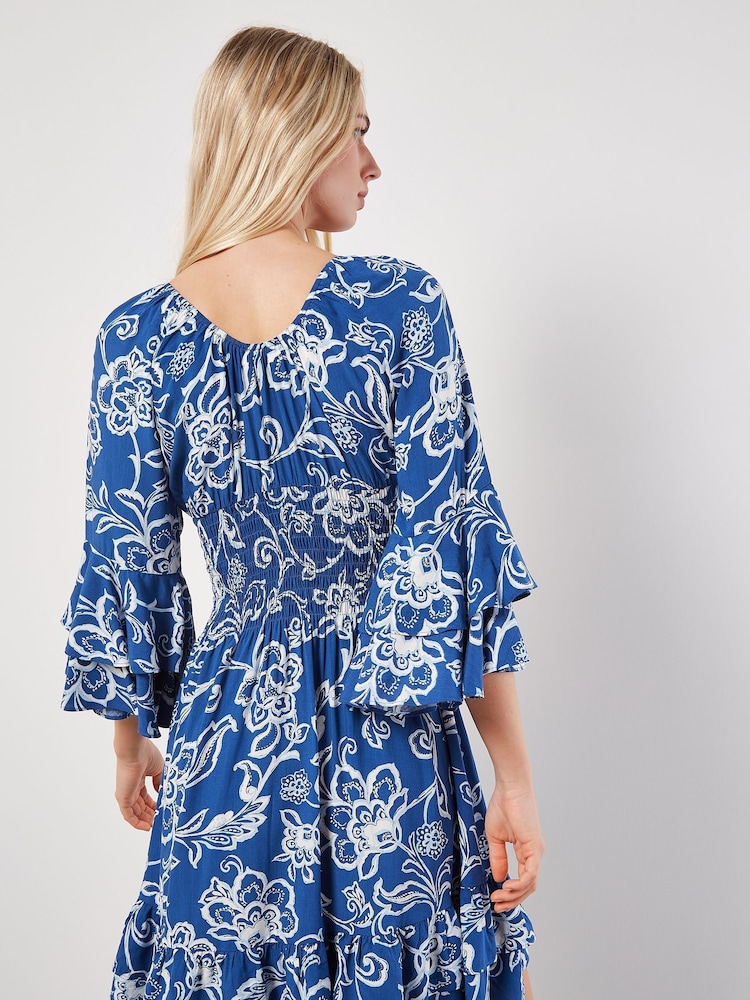 Apricot Blue Floral Sarasa Deep V Short Dress - Image 4 of 4