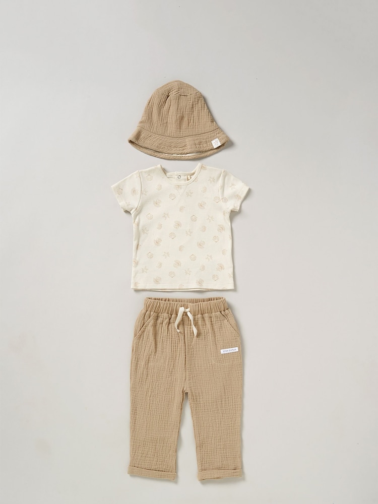 Homegrown Natural 3 Piece T-Shirt Trousers And Reversible Hat Outfit Set - Image 1 of 5